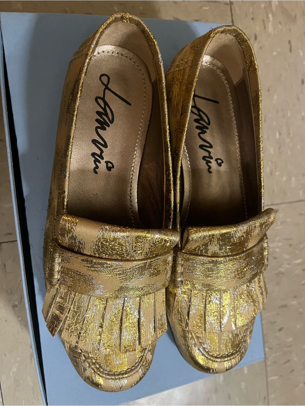 Lanvin Metallic Gold Fringe Moccasins
